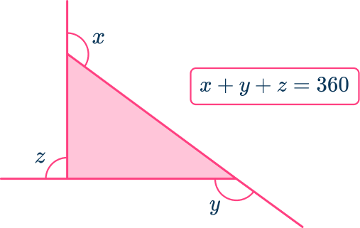 Eighth grade geometry worksheet showing triangle with exterior angle and algebraic expressions for solving variables using the Exterior Angle Theorem