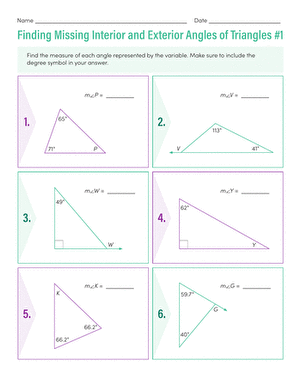Eighth grade geometry worksheet showing triangles with algebraic expressions for exterior and interior angles to solve using the Exterior Angle Theorem