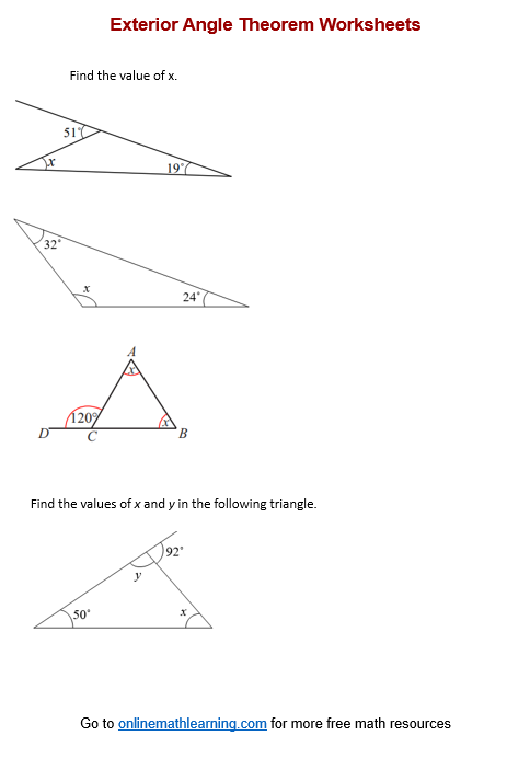 Eighth grade geometry worksheet featuring algebraic problems to solve for variables using the Exterior Angle Theorem