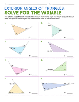 Eighth grade math worksheet showing geometry problems using the Exterior Angle Theorem to find unknown algebraic variables