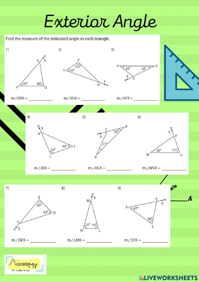 Eighth grade geometry worksheet showing triangle with exterior angle and algebraic expressions for solving variables using the Exterior Angle Theorem