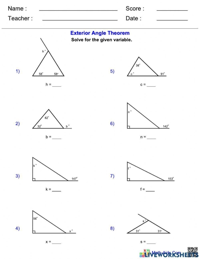 Eighth grade geometry worksheet featuring triangle problems where students solve for variables using the Exterior Angle Theorem