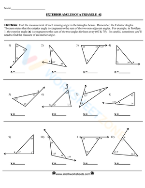 Eighth grade geometry worksheet showing triangles with algebraic expressions for angles demonstrating the exterior angle theorem