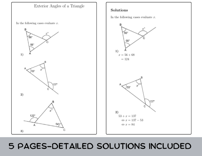 Eighth grade math worksheet showing how to calculate missing exterior angles of a triangle