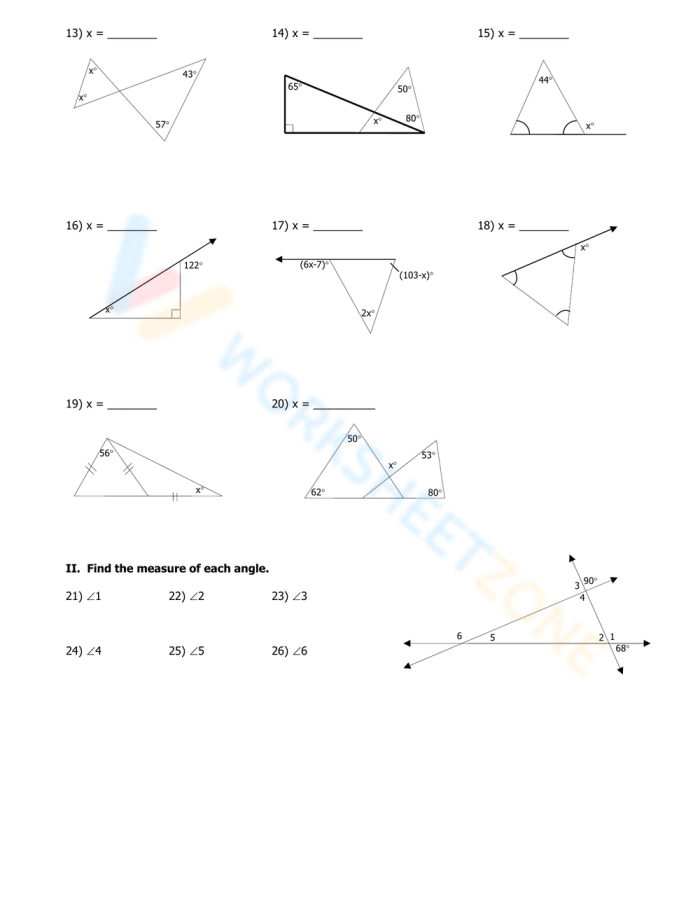 Eighth grade geometry worksheet illustrating how to calculate a missing exterior angle of a triangle