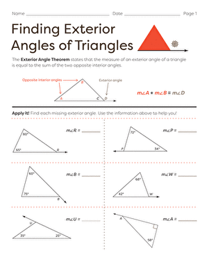 Eighth grade geometry worksheet showing triangle with exterior angle labeled and steps to find the missing angle measurement