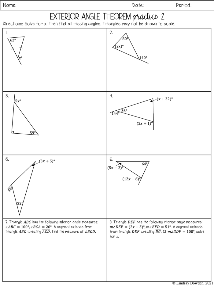 Eighth grade geometry worksheet demonstrating the process for calculating the missing exterior angle of a triangle