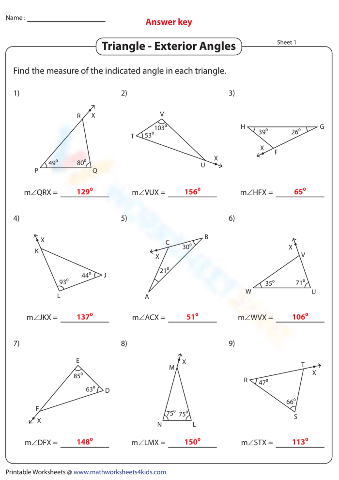 Eighth grade math worksheet showing how to calculate missing exterior angles of triangles