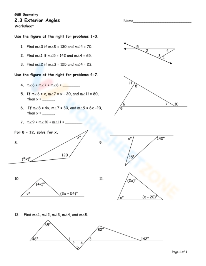 Eighth grade geometry worksheet showing triangles with algebraic expressions for exterior and interior angles to solve using the Exterior Angle Theorem