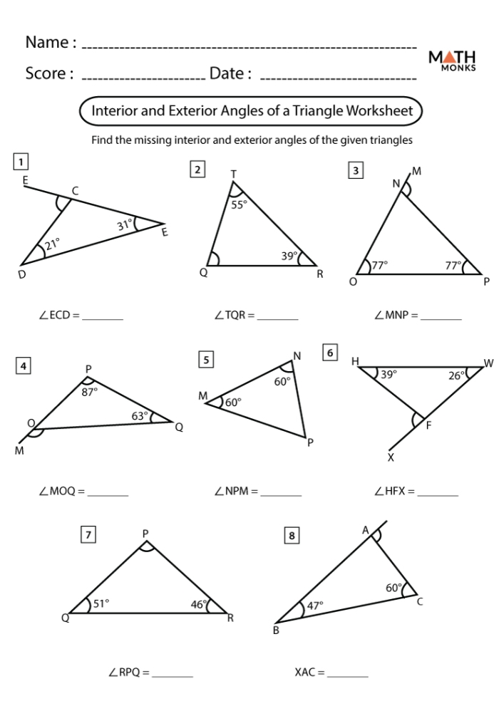 Eighth grade geometry worksheet showing a triangle with exterior angle and algebraic expressions for solving variables using the Exterior Angle Theorem
