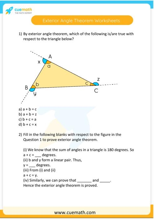 Eighth grade geometry worksheet showing triangles with exterior angles labeled as algebraic expressions for solving variables