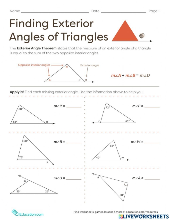 Eighth grade geometry worksheet demonstrating the process of calculating missing exterior angles of triangles