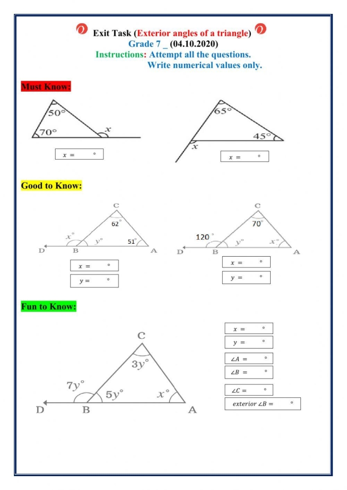 Eighth grade math worksheet showing steps to solve for a missing exterior angle of a triangle