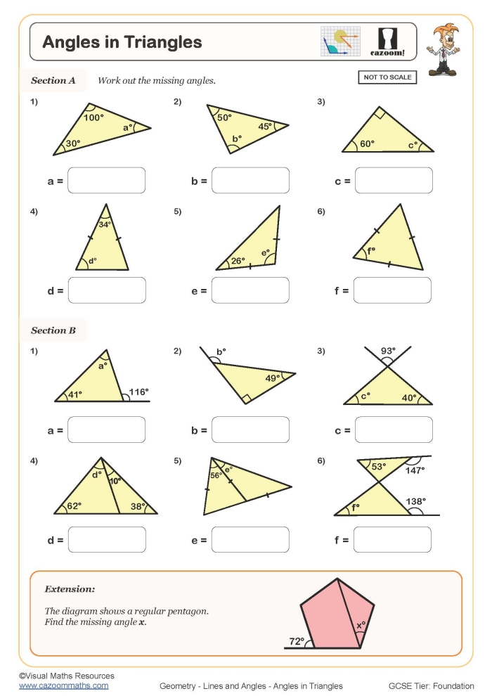 Eighth grade geometry worksheet showing triangles with exterior angles labeled as algebraic expressions for solving variables using the Exterior Angle Theorem