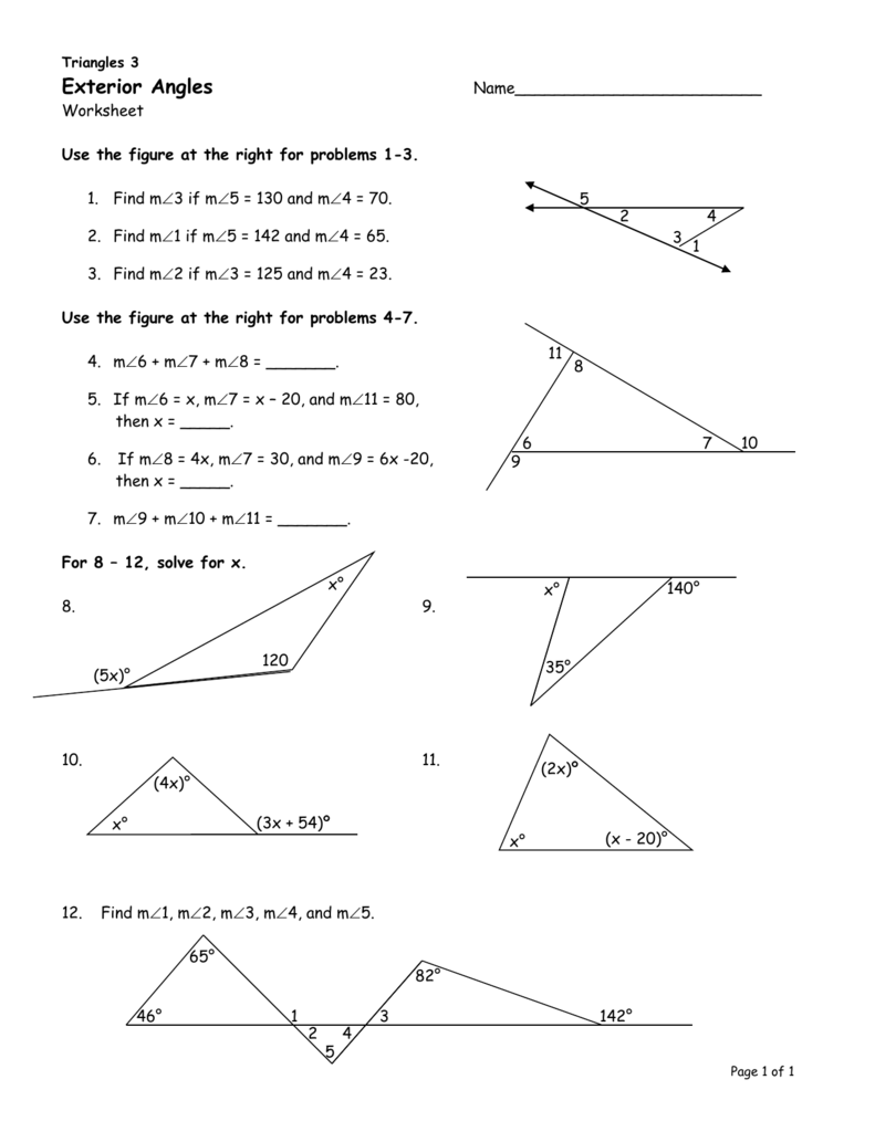Eighth grade geometry worksheet showing a triangle with exterior angle and algebraic expressions to solve using the Exterior Angle Theorem