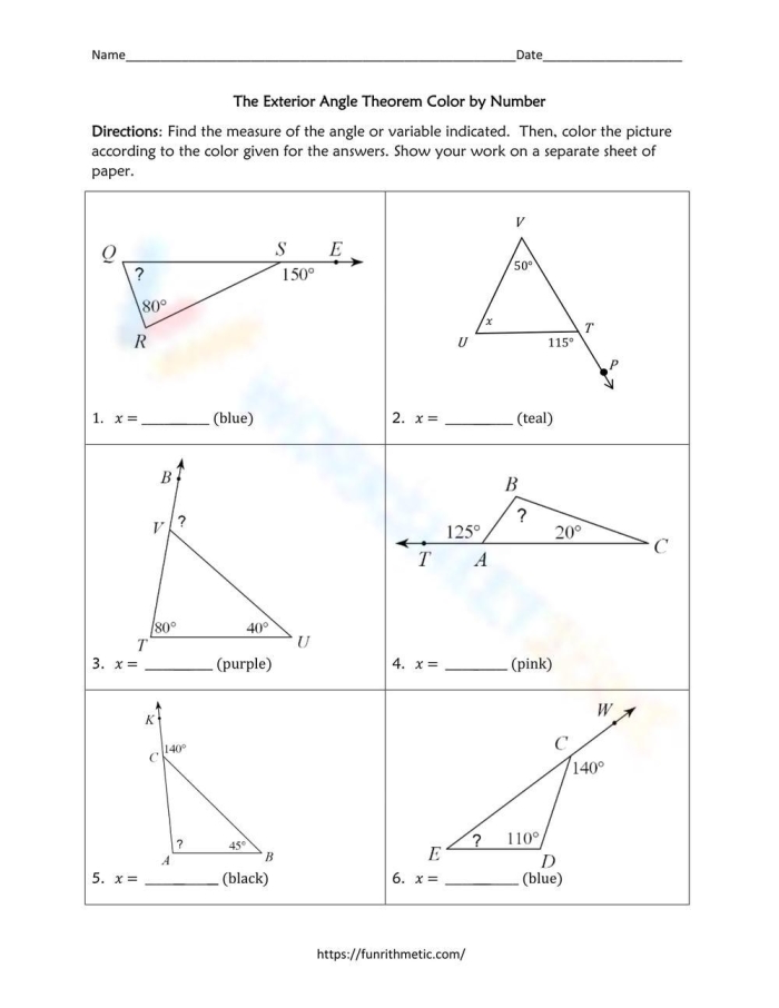 Eighth grade geometry worksheet featuring practice problems on calculating missing exterior angles of triangles