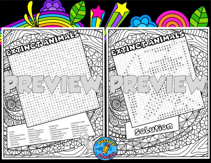 Fifth grade word search activity featuring a list of extinct animal names and a puzzle grid