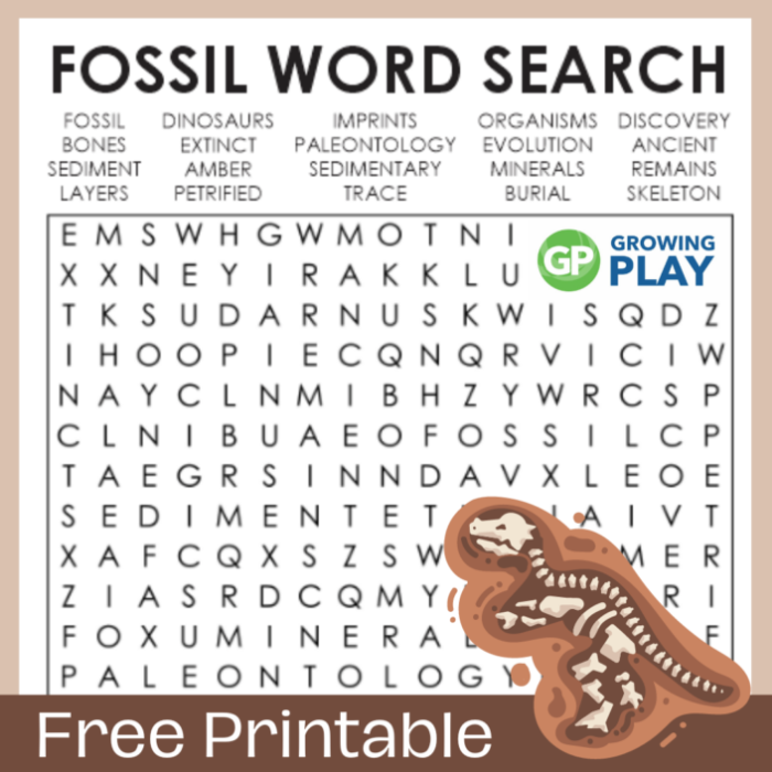 Fossils and Extinct Animals Word Search worksheet for fifth graders featuring dinosaurs and other extinct species