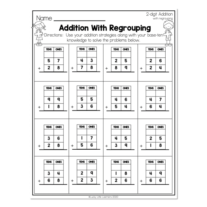 Worksheet featuring extra practice on three-digit addition with regrouping for third graders