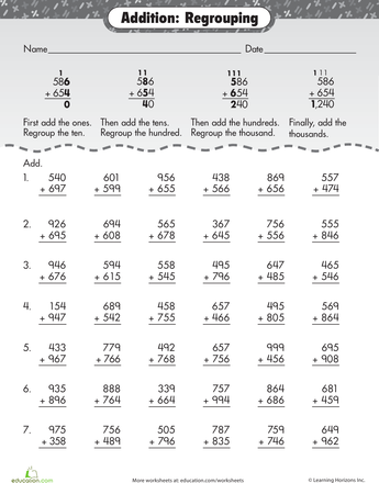 Third grade math worksheet featuring thirty-six three-digit addition problems with regrouping