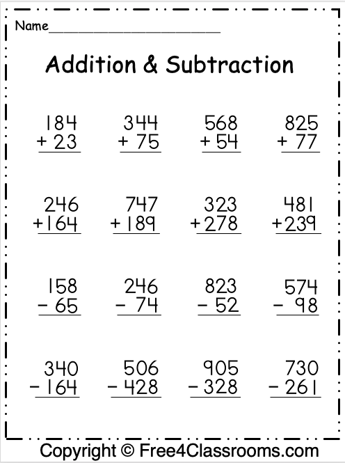 Worksheet featuring three-digit subtraction exercises for third graders