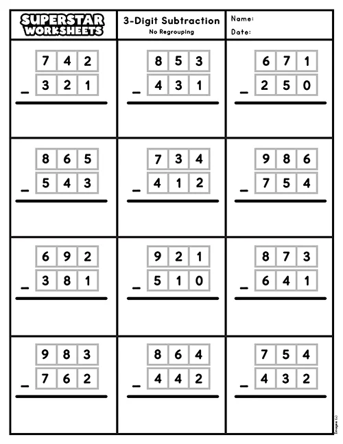 Three-digit subtraction worksheet for third graders to practice their skills