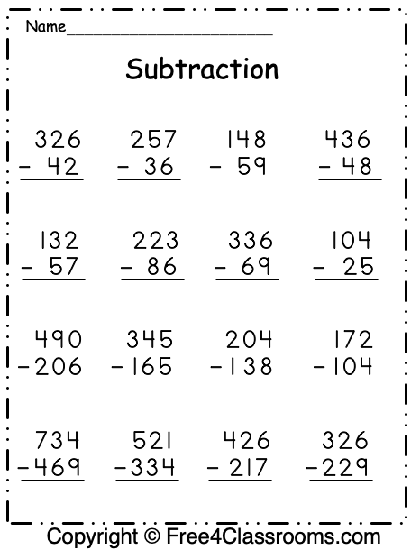 Worksheet featuring three-digit subtraction problems for third graders