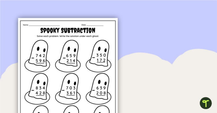 Worksheet featuring three-digit subtraction problems for third graders