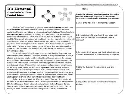 ALT text: Eighth grade chemistry worksheet featuring an informational reading passage about extraordinary elements and their unique properties