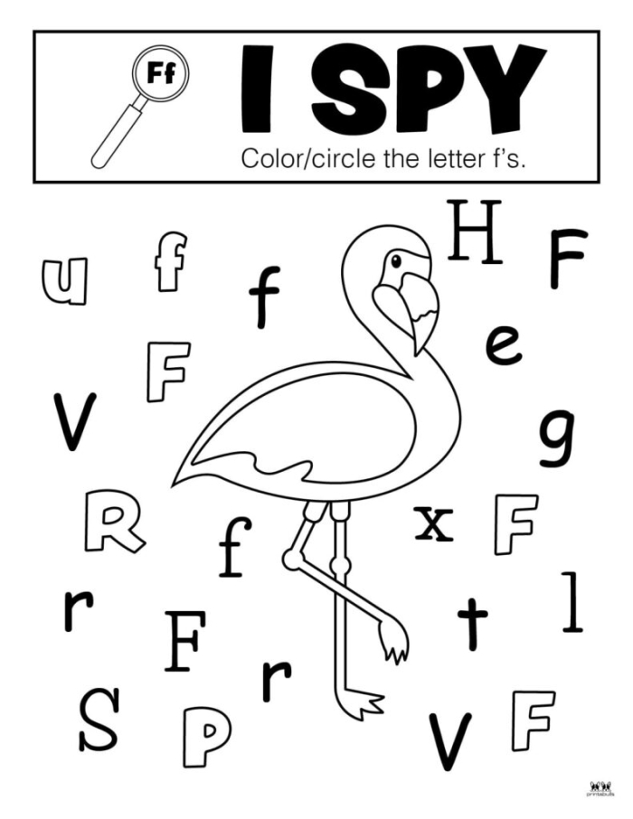 Preschooler worksheet featuring the letter F and fun illustrations to color for alphabet practice