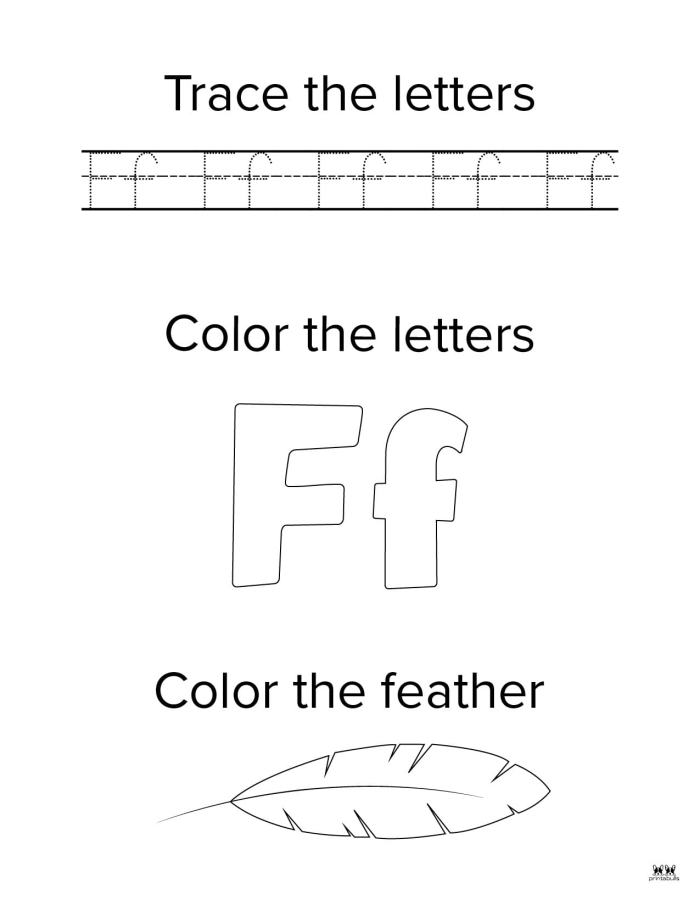 Preschooler coloring page featuring the letter F and fun illustrations for early literacy practice