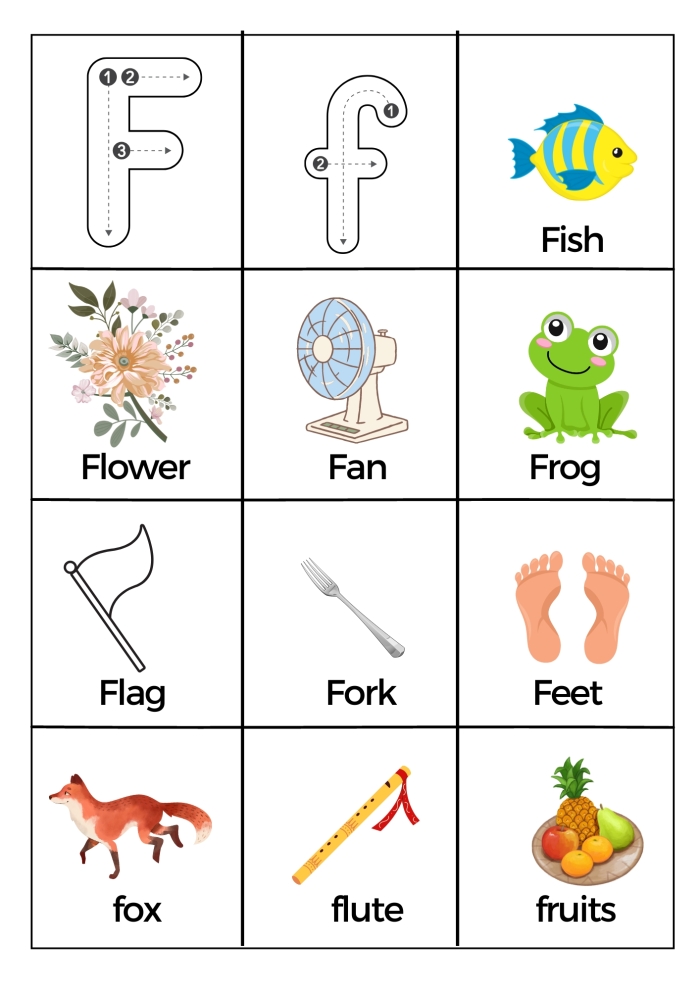 Preschooler coloring page featuring letter F words and phonics practice