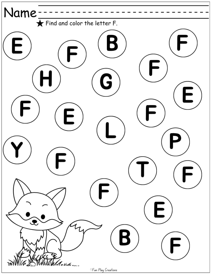 Colorful F Is For... worksheet designed for preschoolers to learn the letter F and its sounds