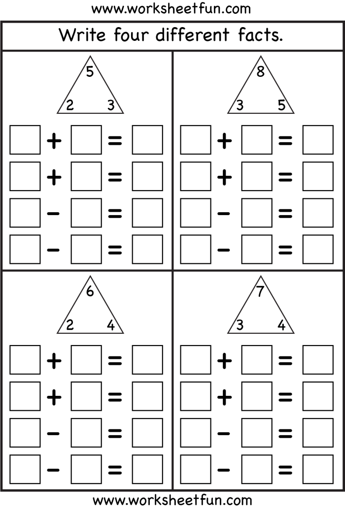 Fact Families Addition and Subtraction Practice Worksheet 9 First grade printable worksheet featuring addition and subtraction fact families for math practice