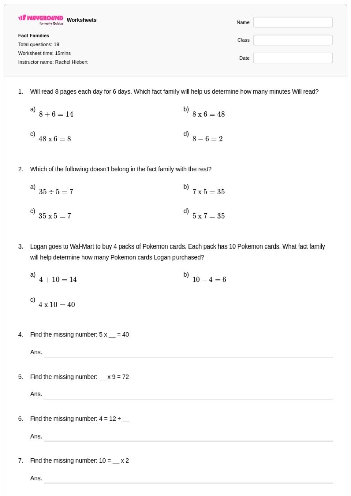 Printable fact families worksheet for first grade addition and subtraction exercises 6 First grade math worksheet focusing on addition and subtraction fact families for students to practice