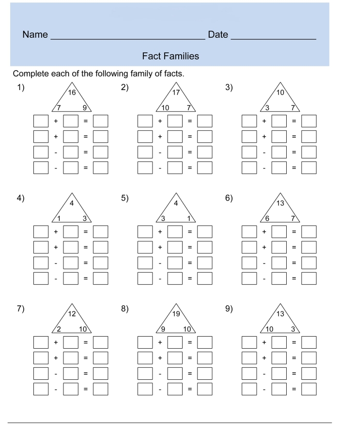 Reading worksheet for First Grade Fact Families worksheet for First Grade