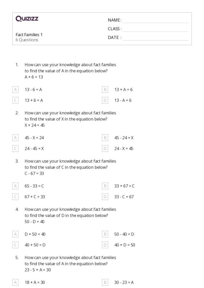 Fact families worksheet showing connected addition and subtraction problems for elementary learners First grade students practice addition and subtraction fact families with related number sentences on worksheet 21