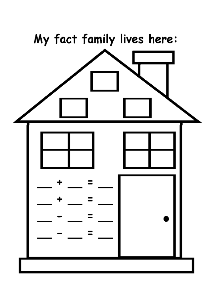 Fact Family Houses Addition and Subtraction Worksheet 4 First grade fact family houses math worksheet for addition and subtraction practice