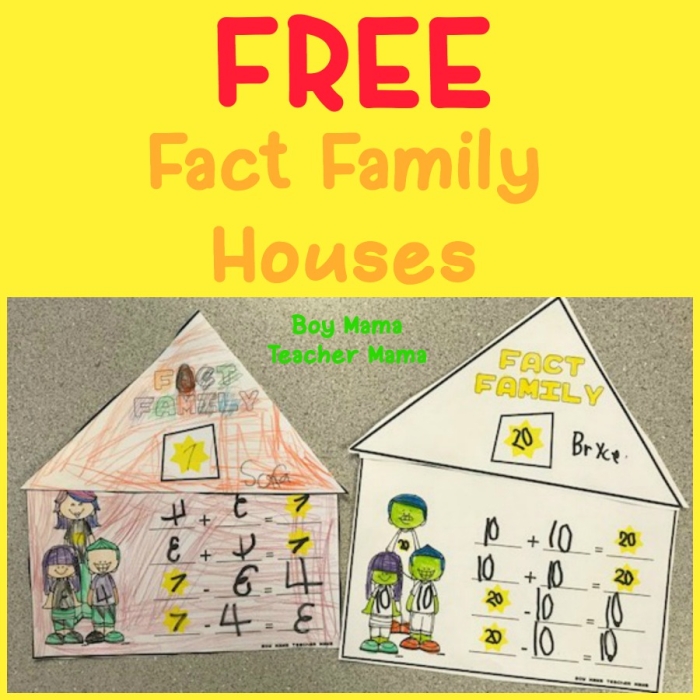 Interactive activity image for first grade fact families and fractions worksheet Fact family houses worksheet for first graders focusing on addition and subtraction practice