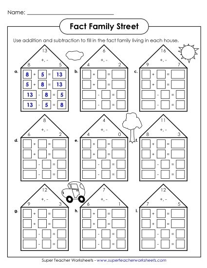 Fractions worksheet for First Grade Fact family houses worksheet for first graders focusing on addition and subtraction skills. Engaging activity for young learners to fill in missing numbers in fact family structures.