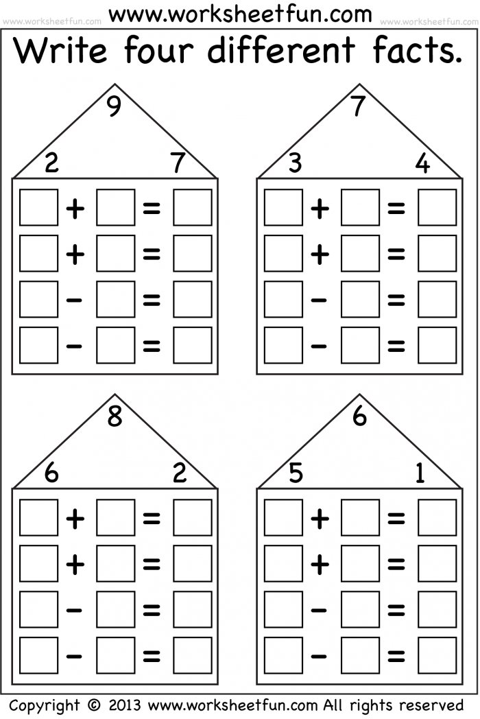 Fractions worksheet for First Grade Fact Family Houses worksheet for first graders focusing on addition and subtraction practice. Engaging fact family worksheet with missing numbers for young learners to complete.