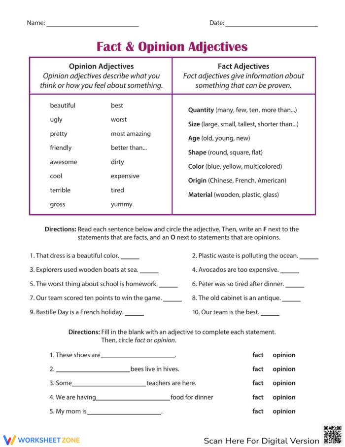 Adjective Word Bank Exercise for Distinguishing Facts from Opinions Grade 5 Fifth grade students completing a fact and opinion adjectives worksheet with word bank support for identifying statement types