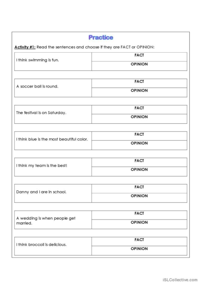 Fact and Opinion Adjectives Worksheet Number 18 Fifth grade student worksheet for sorting fact and opinion adjectives from a word bank