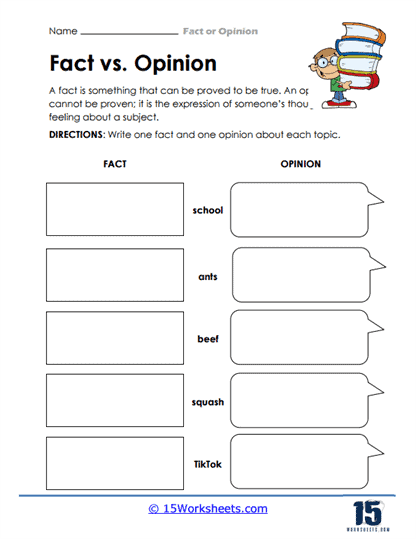 Fact and Opinion worksheet designed for sixth graders to distinguish between facts and opinions. Educational resource for middle school students focusing on critical thinking skills.