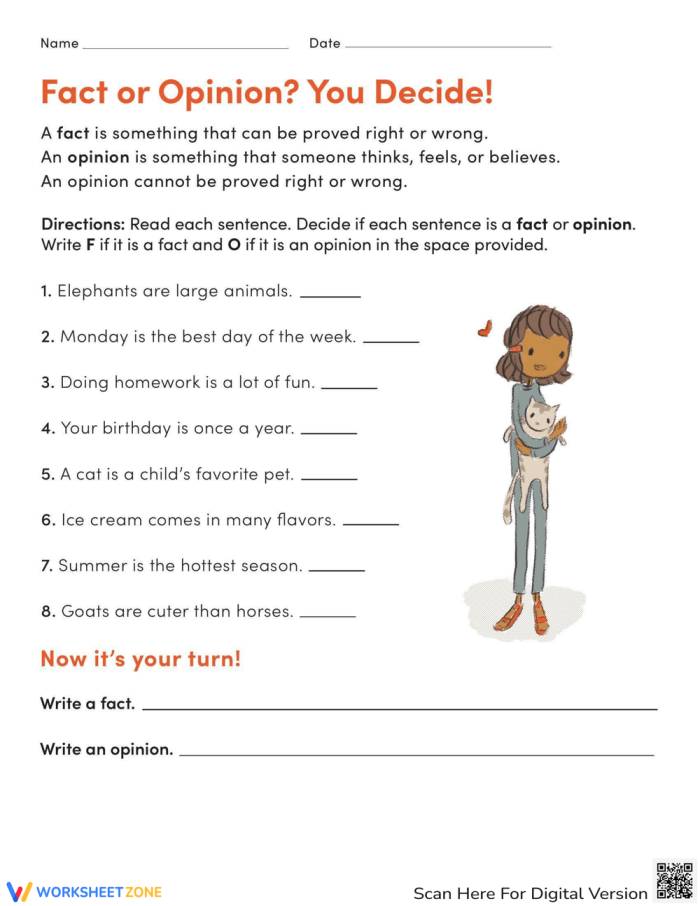 Worksheet illustrating the difference between facts and opinions for sixth graders