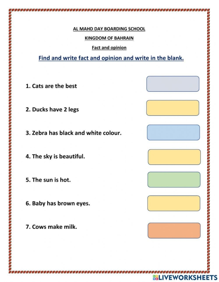 First grade worksheet helping students identify and label eight sentences as either facts or opinions