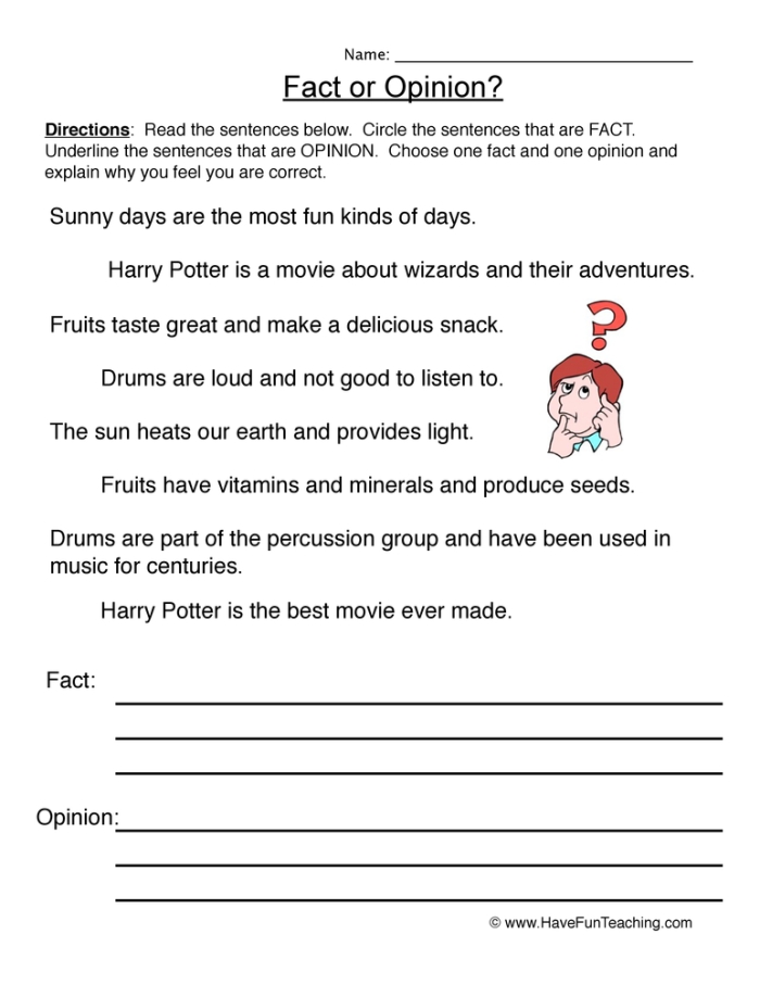 Worksheet for first graders to distinguish between facts and opinions in sentences