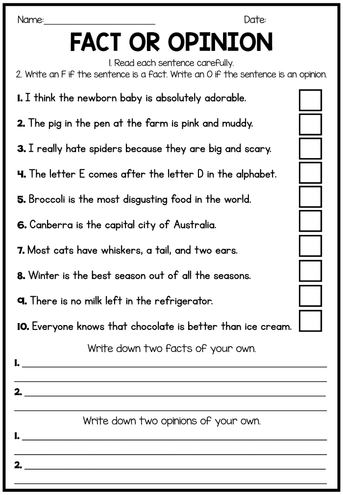 First grade worksheet page where students read eight sentences and circle whether each statement is a fact or an opinion