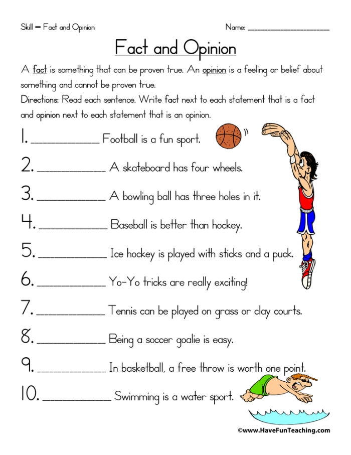 Fourth grade Spanish worksheet showing exercises for identifying facts and opinions in sentences