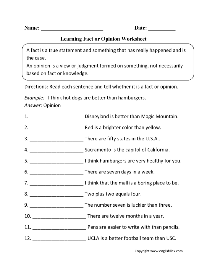 Fourth grade Spanish worksheet showing exercises for identifying facts and opinions with example sentences